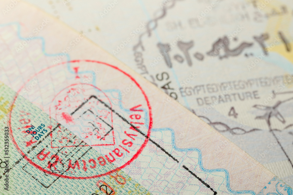 MYKOLAIV, UKRAINE - FEBRUARY 23, 2022: Passport pages with different visa stamps, closeup MYKOLAIV, UKRAINE - FEBRUARY 23, 2022: Passport pages with different visa stamps, closeup