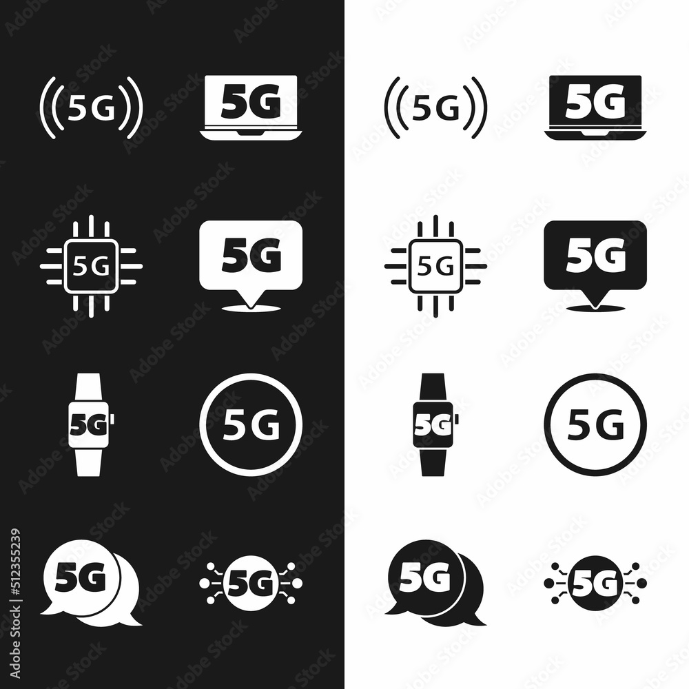 Set Location 5G network, Processor, Laptop with, Smart watch, and icon. Vector Set Location 5G network, Processor, Laptop with, Smart watch, and icon. Vector