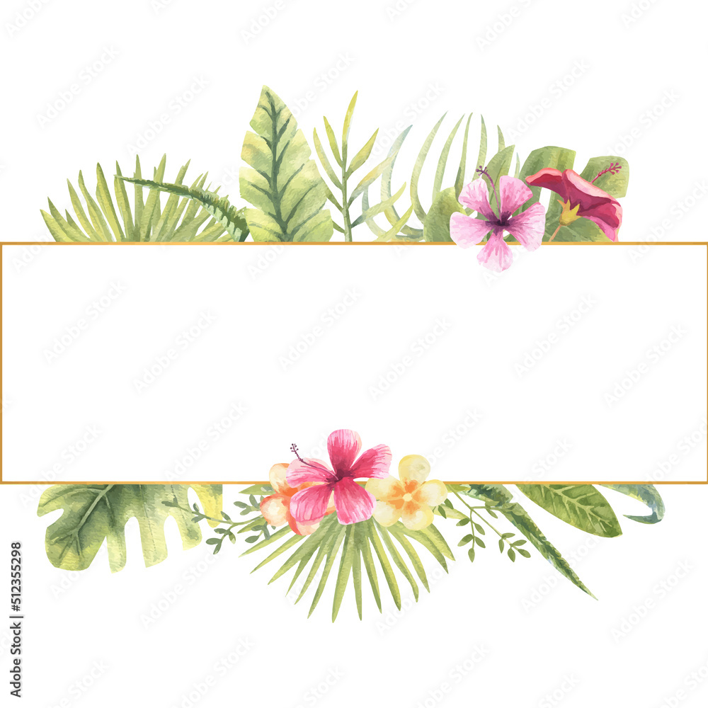Vector illustration of a rectangular frame with tropical plants. Monster, banana leaves, hibiscus, etc. Floral watercolor. For the design of greeting cards, invitations