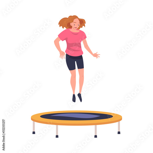 Excited Woman Character Jumping and Bouncing on Trampoline Engaged in Recreational Activity Vector Illustration
