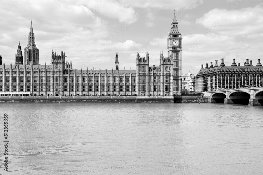 London Palace of Parliament. Black and white photo retro style.
