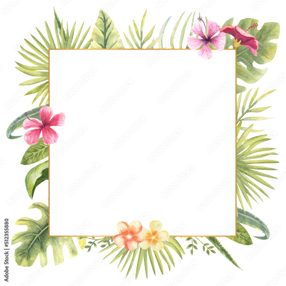Vector illustration of a square frame with tropical plants. Monster, banana leaves, hibiscus, etc. Floral watercolor. For the design of greeting cards, invitations