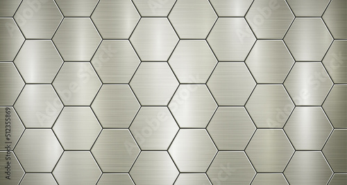 Abstract metallic background in yellow colors with highlights, consisting of voluminous convex hexagonal plates