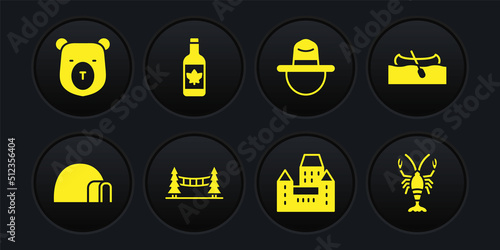 Set Igloo ice house, Kayak or canoe, Capilano Suspension Bridge, Chateau Frontenac hotel, Canadian ranger, Beer bottle, Lobster and Bear head icon. Vector