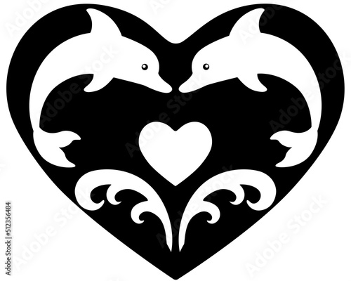 Dolphins and sea waves in heart shape - vector silhouette drawing for logo or pictogram. Heart with bottlenose dolphins - marine mammals jumping over the waves icon or sign.