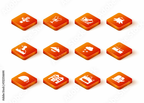 Set Igloo ice house, House, Flying duck, Christmas sweater, Canadian lake, Cloud with snow, mitten and Kayak or canoe icon. Vector