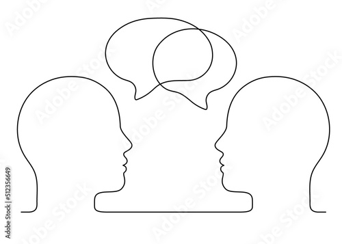 People talk with speech bubble outline, conversation two person, dialog speak, continuous line drawing. Graphics minimalist linear. Balloons for communication, chat and dialogue. Vector illustration