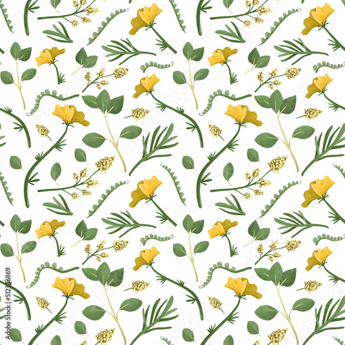 Floral pattern with yellow flowers and green leaves on a white background. Vintage floral background. Seamless pattern for design and fashion prints.