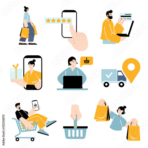 E-commerce concept set in flat design. Man and woman making purchases, paying online, ordering goods, using delivery, leaving rating for store. Vector illustration with pack of people scenes for web