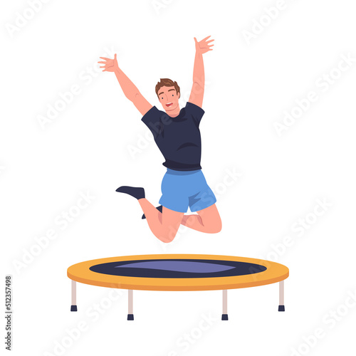 Cheerful Man Character Jumping and Bouncing on Trampoline Engaged in Recreational Activity Vector Illustration