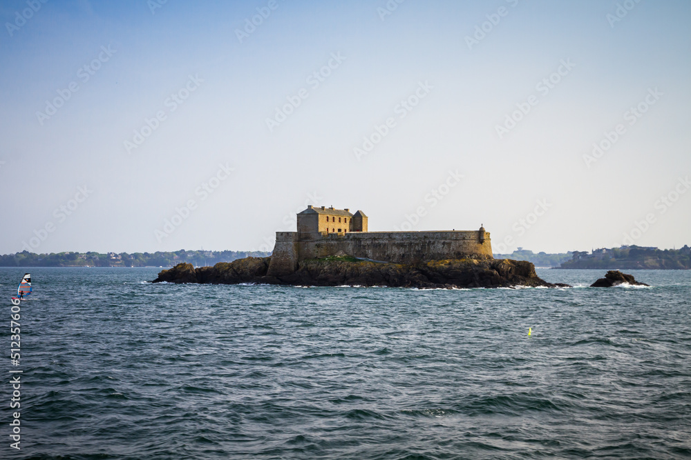 Fortified castel, Fort du Petit Be, beach and sea, Saint-Malo city, Brittany, France