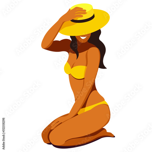 vector illustration on the theme of summer holidays. a tanned girl in a yellow swimsuit sits on her knees on the beach in a hat isolated on a white background. useful for advertising summer vacantion