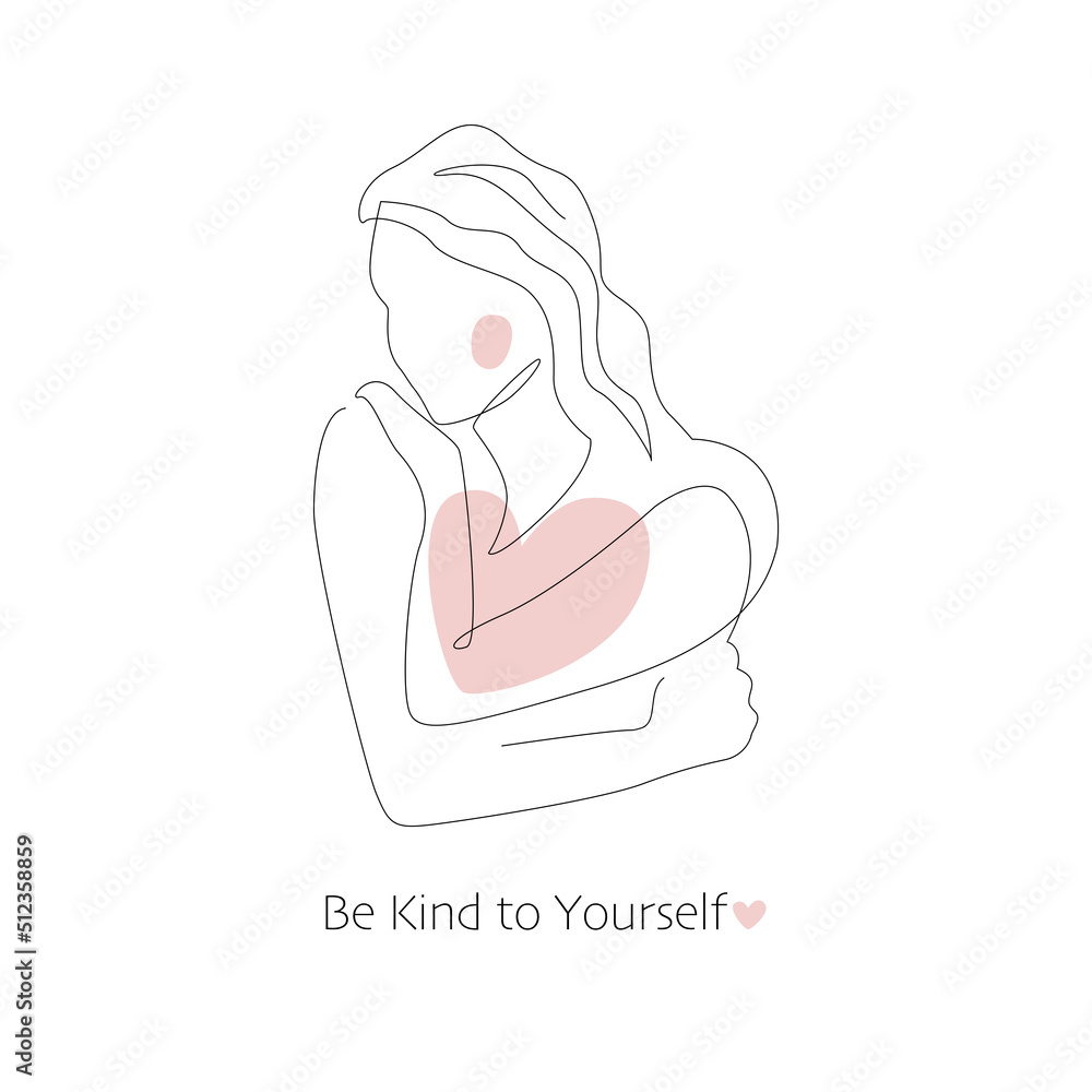 Self care, love your body concept. Cute girl hugging herself