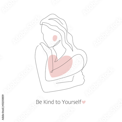 Self care, love your body concept. Cute girl hugging herself. Continuous line vector illustration of young woman. Body positive, slow living, healthcare poster
