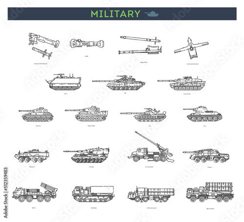 Military set. Military technical transport. A set of artillery mounts, armored personnel carriers. Weapons, tanks, combat vehicles
