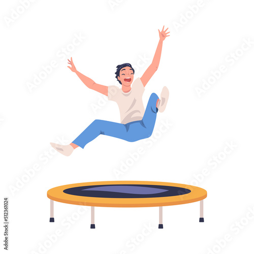 Cheerful Man Character Jumping and Bouncing on Trampoline Engaged in Recreational Activity Vector Illustration