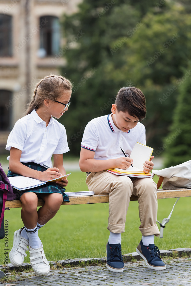 Fototapeta premium Asian schoolboy writing on notebook near friend on bench outdoors.