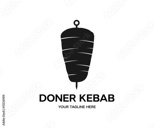 Doner kebab cooking, Arabic cuisine frame logo design. Turkish fast food restaurant, barbecue cafe or grill bar symbol of skewer or rotating spit with grilled meat vector design and illustration.