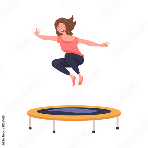 Excited Woman Character Jumping and Bouncing on Trampoline Engaged in Recreational Activity Vector Illustration