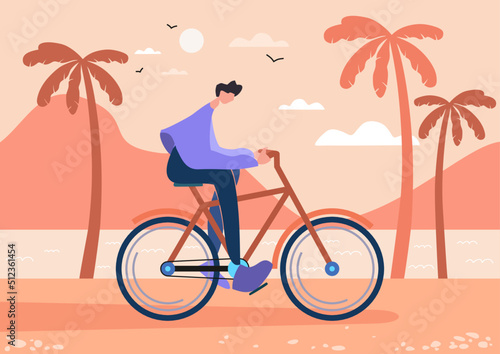 Man cycling on the summer sea beach near mountains and palms healthy lifestyle sport transportation concept. Summer vacation holiday. Seaside flat illustration. Happy riding bike, bicycle outdoors.