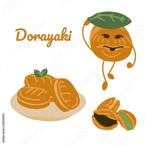 Dorayaki. Whole, pieces and cute character. Vector hand draw cartoon illustration. 
