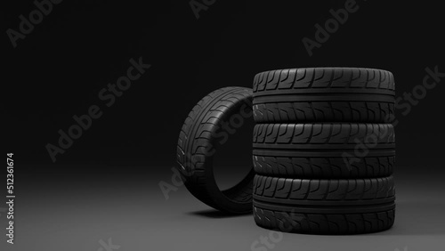 advertising banner with four summer car tires rotating above a dark background, copy space