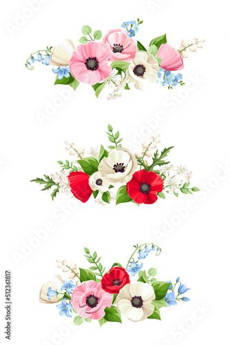 Bouquets of red, pink, blue, and white poppy, forget-me-not, bluebell, and lily of the valley flowers isolated on a white background. Set of vector illustrations