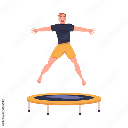 Cheerful Man Character Jumping and Bouncing on Trampoline Engaged in Recreational Activity Vector Illustration