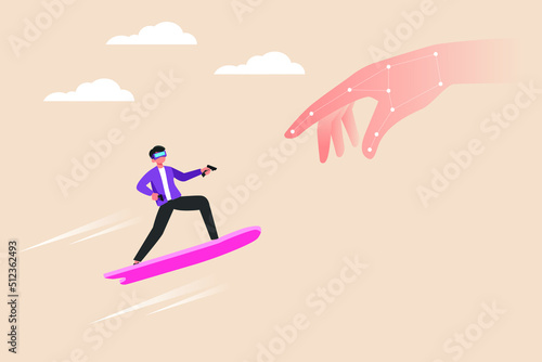 Young boy riding with skate and big hand virtual. Virtual and metaverse concept. Flat vector illustration.