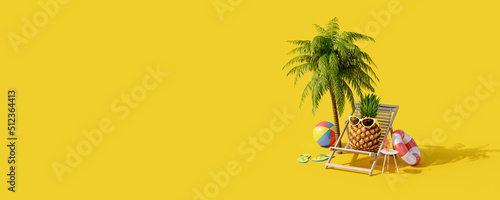 Pineapple with sunglasses resting and drink cocktail on the beach, Summer vacation concept on yellow background 3d render 3d illustration