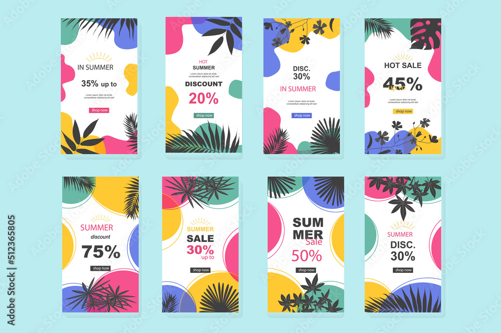 Summer sale template for instagram stories. Mockups vertical design seasonal online shopping offer and colourful floral frames and tropical leaves. Collection layouts for insta story at social network