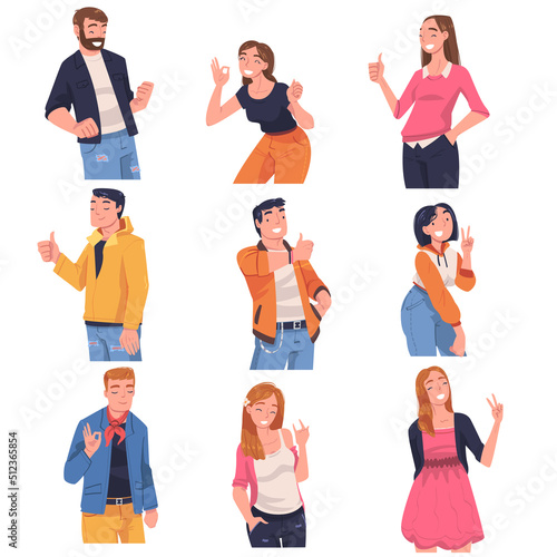 People Character Showing Positive Gesture Like Thumb Up and Ok Symbol Vector Illustration Set