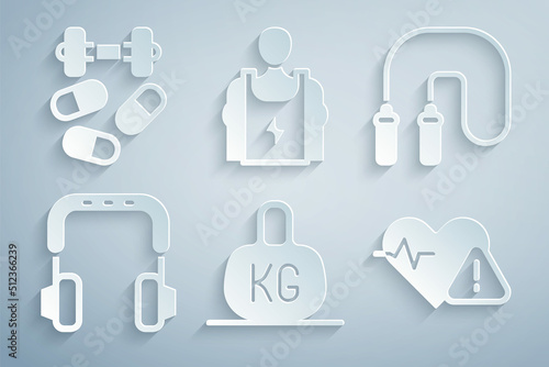 Set Weight, Jump rope, Headphones, Heart rate, Bodybuilder and Sports doping with dumbbell icon. Vector