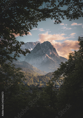 The Zugspitze at sunset through the leaves