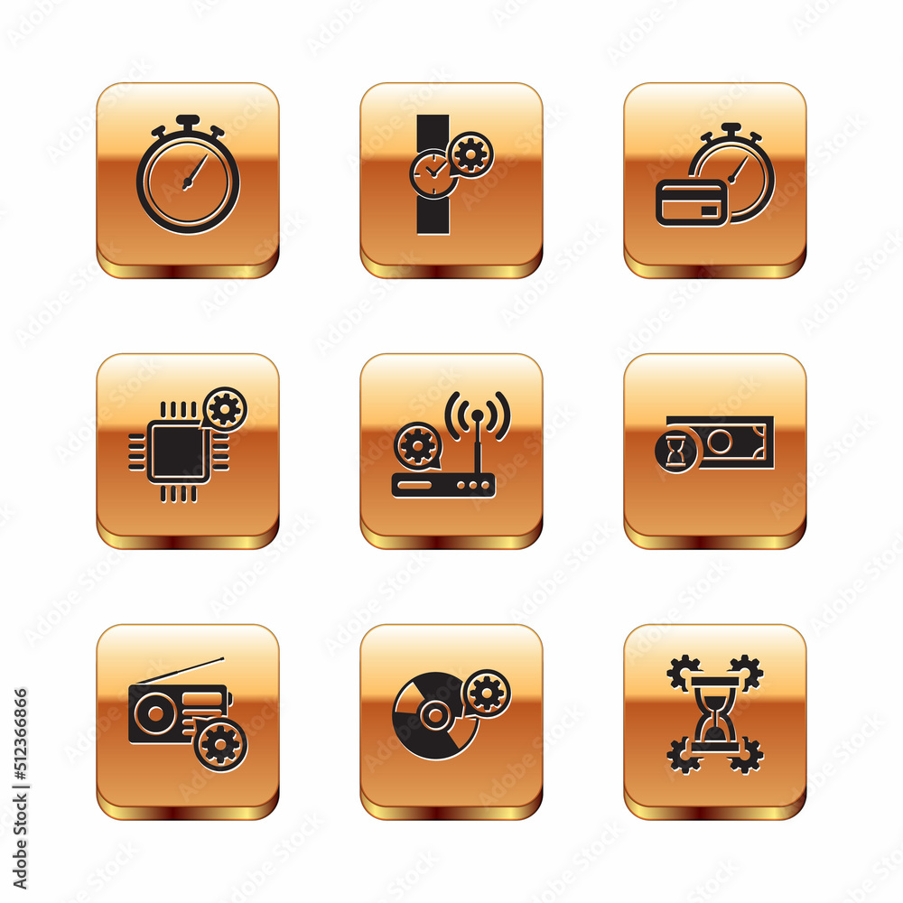 Set Stopwatch, Radio setting, CD or DVD disk, Router and wi-fi, Processor and Fast payments icon. Vector Set Stopwatch, Radio setting, CD or DVD disk, Router and wi-fi, Processor and Fast payments icon. Vector