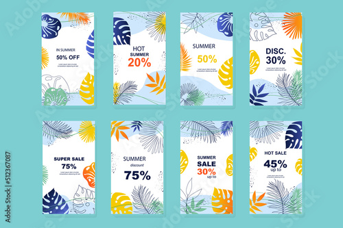 Summer sale template for instagram stories. Mockups design with vertical promo banners with colourful frames of monstera, palm and tropical leaves. Collection layouts for insta story at social network