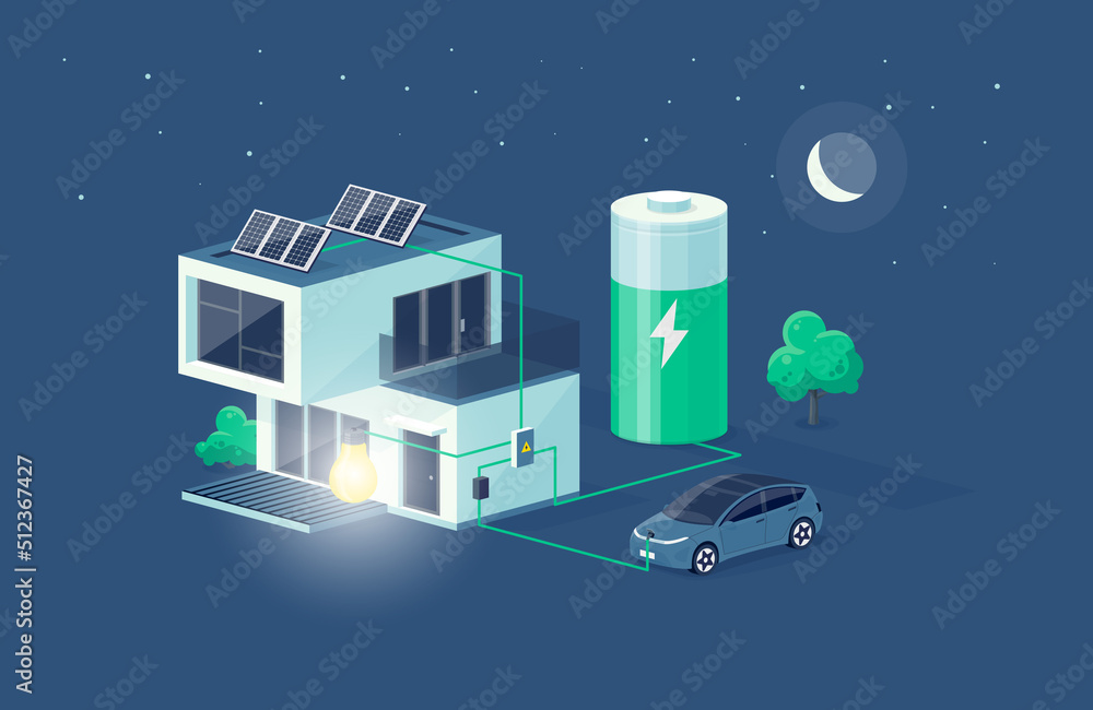 Home electricity scheme with battery energy storage system power modern house at night. photovoltaic solar panels and rechargeable li-ion backup. Electric car charging on renewable off-grid system. - obrazy, fototapety, plakaty 