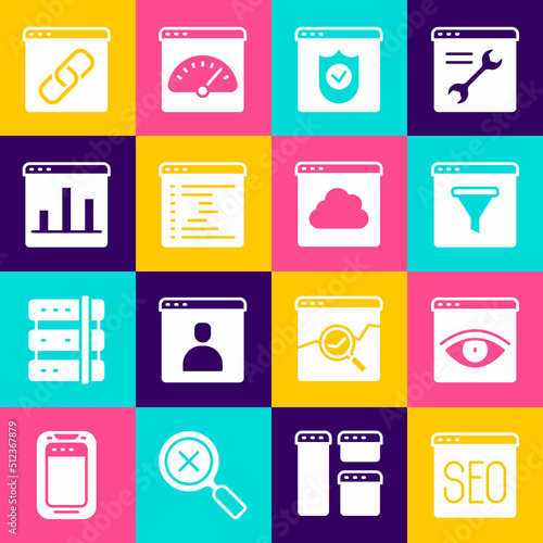 Set SEO optimization, Browser incognito window, with shield, Graph chart infographic, and Cloud technology data transfer icon. Vector