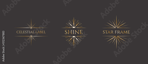 Set of vector celestial golden frames with a stars elements and a copy space. Ornate shiny magical isolated labels with beams and place for text