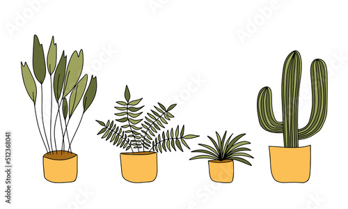 Trendy collection of home cute plants in flowerpots pack icons. Set of houseplants and flowers in pots modern illustrations. 