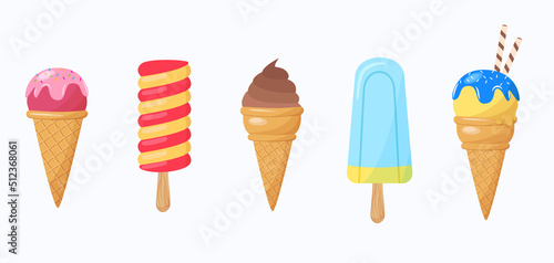A set of delicious ice cream. Sweet summer treat sundaes, gelato with different flavors, prefabricated insulated ice cream cones and popsicles with different toppings. 