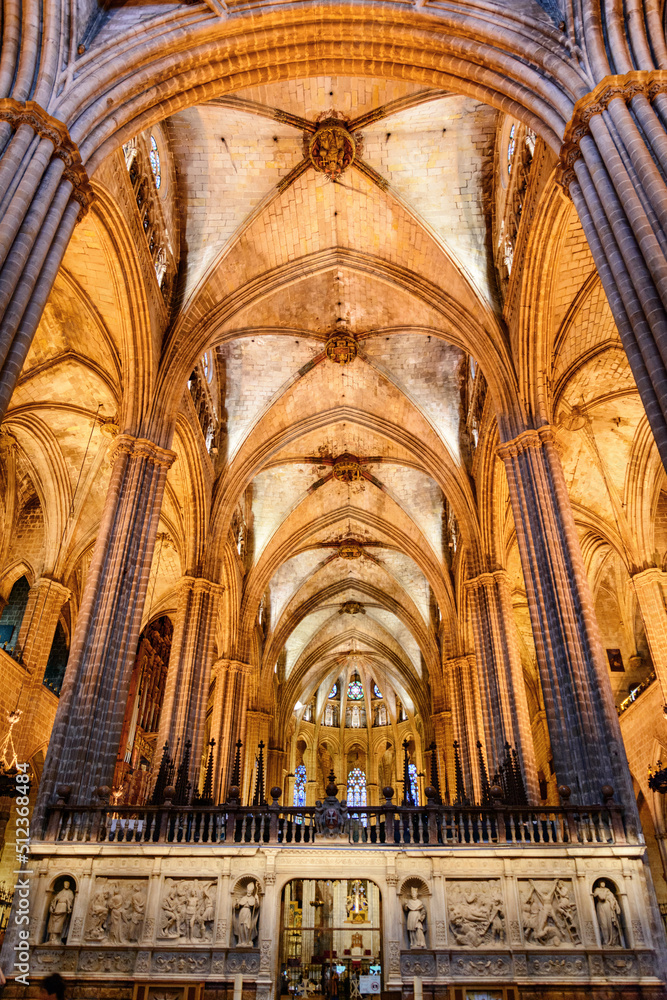 Awesome view of gothic arches inside Barcelona Cathedral, Spain