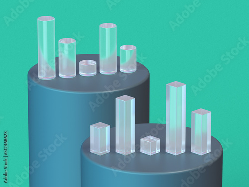 3D rendered transparent bar charts on a green background. Illustration for business success or presentation of results. Visualization for markets and statistics.