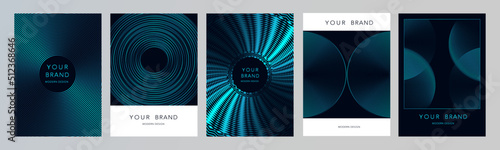 Luxury cover design set with blue round circle pattern on black background. Modern creative premium backdrop. Formal simple vector template for brochure, certificate, flyer, music, technology concept