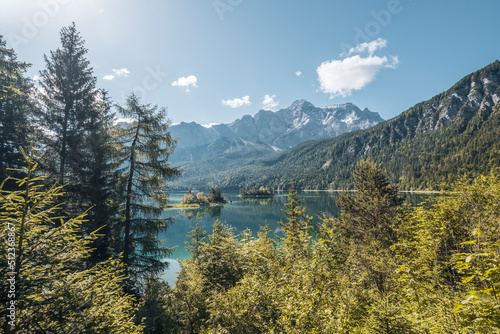 The Eibsee lake and the Zugspitze Mountain in Garmisch-Partenkirchen, Germany