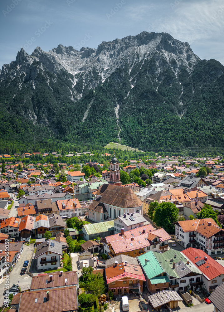 aerial view of Mittenwald and the Karwendel Mountains in Germany