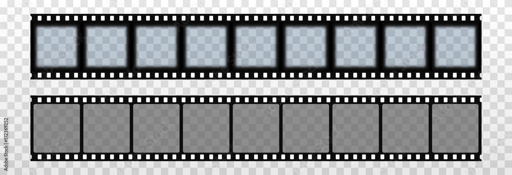 Vector set of film strips png. Retro film roll on isolated transparent background. Photographic film in retro style. Curved film strip png.