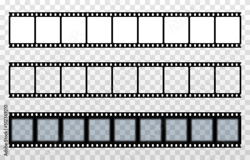 Vector set of film strips png. Retro film roll on isolated transparent background. Photographic film in retro style. Curved film strip png.