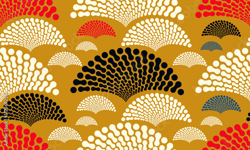 Japanese style stylized garden pattern red ivory gold