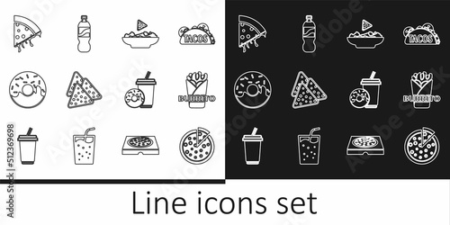 Set line Pizza, Burrito, Nachos in plate, Donut, Slice of pizza, Soda drink with donut and Bottle water icon. Vector